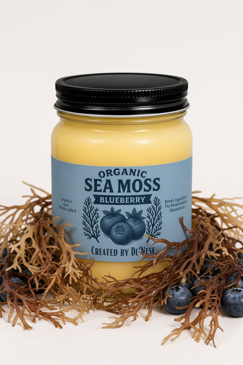 A jar candle labeled 'Organic Sea Moss Blueberry' by Created by De'Nese, filled with pale yellow wax and topped with a black lid, styled with blueberries and green leaves on a white background.