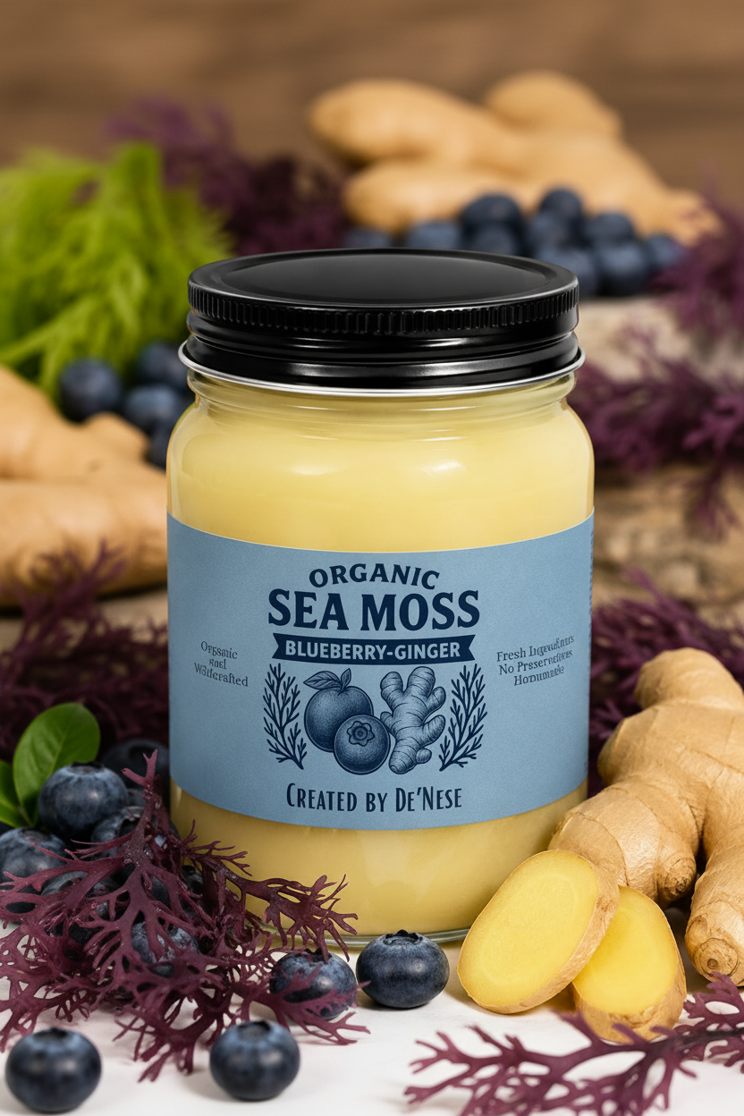 A jar of Organic Sea Moss Blueberry-Ginger supplement by Created by DeNese, styled with fresh blueberries, ginger root, and sliced ginger on a white background.