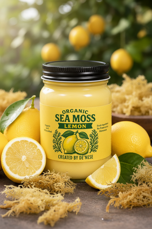 A jar of Organic Sea Moss Lemon supplement by Created by De'Nese, styled with fresh lemons and green leaves on a clean white background.