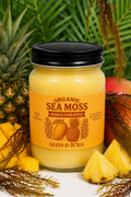 A jar candle labeled 'Organic Sea Moss Mango-Pineapple' by Created by De'Nese, styled with fresh mangoes and pineapple slices on a white background.