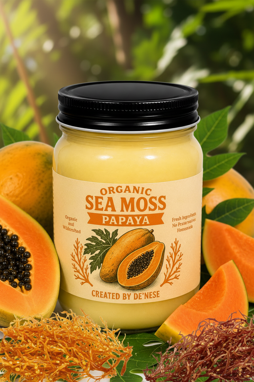 A jar of Organic Sea Moss Papaya by Created by De'Nese, filled with pale yellow sea moss and surrounded by fresh papayas on a clean white background.