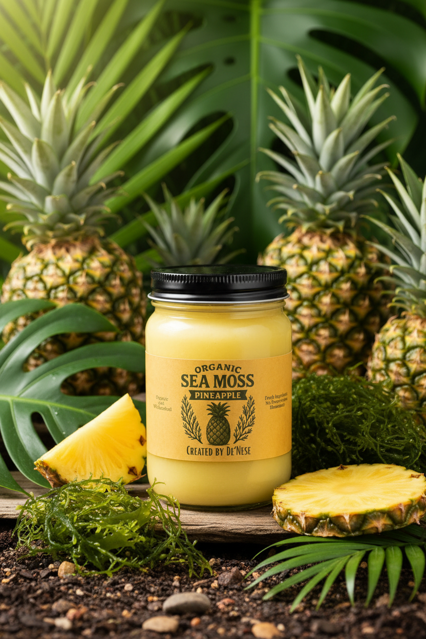 A jar of Organic Sea Moss Pineapple candle or balm with a black lid and yellow label, styled with fresh pineapples and pineapple slices on a white background.
